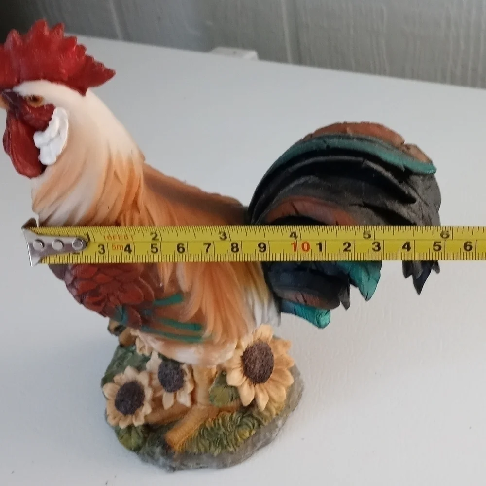 Farm decor rooster with sunflowers and a beautiful blue tail